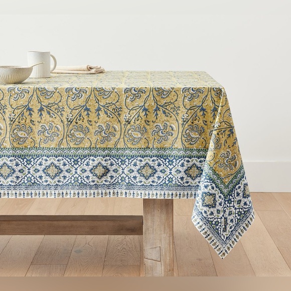 New Pottery Barn Carolle Kalamkari Block Print Tablecloth, Casual Cotton Yellow - Picture 2 of 14